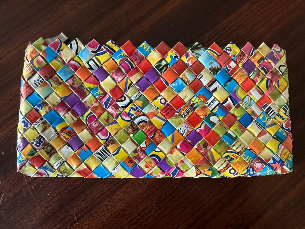 Multicolored Clutch Novelty Zippered Handbag Woven From Recycled Candy Wrappers